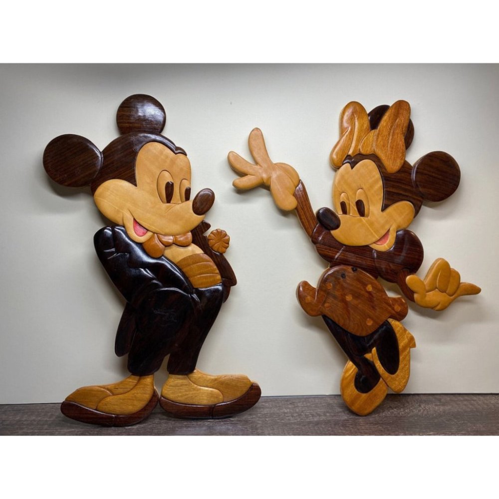 Vintage Hand Made Mickey N Mini Mouse Hanging Wood Carving Plaques Art